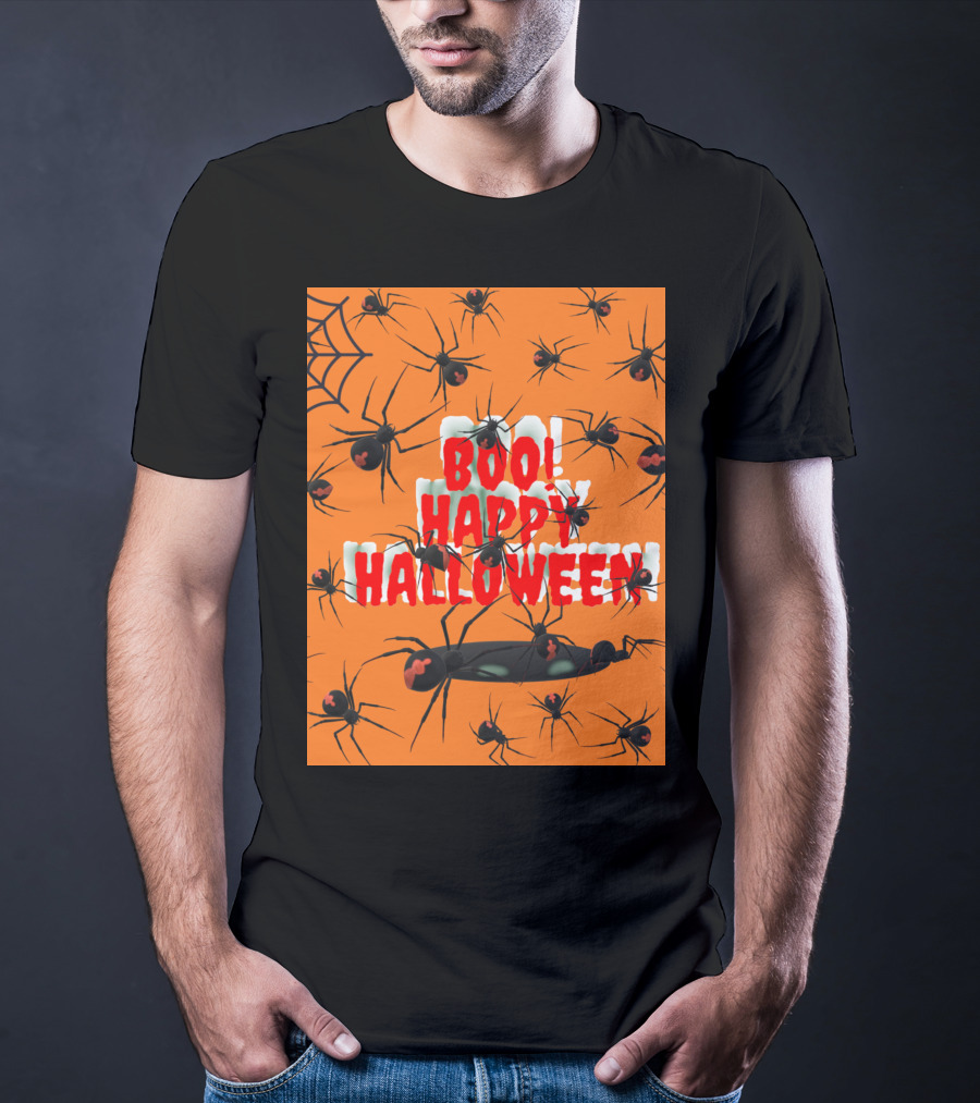 BOO Happy Halloween Spiders Orange Web T-Shirt