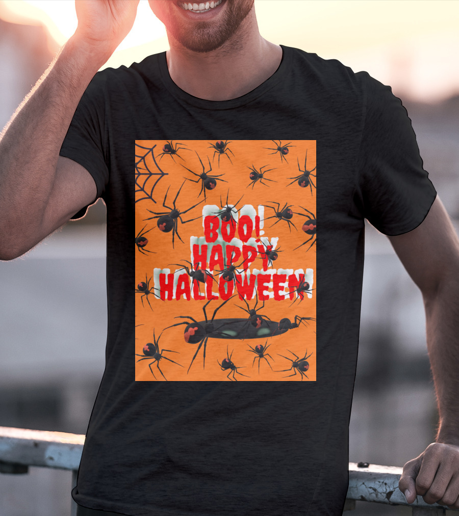 BOO Happy Halloween Spiders Orange Web T-Shirt
