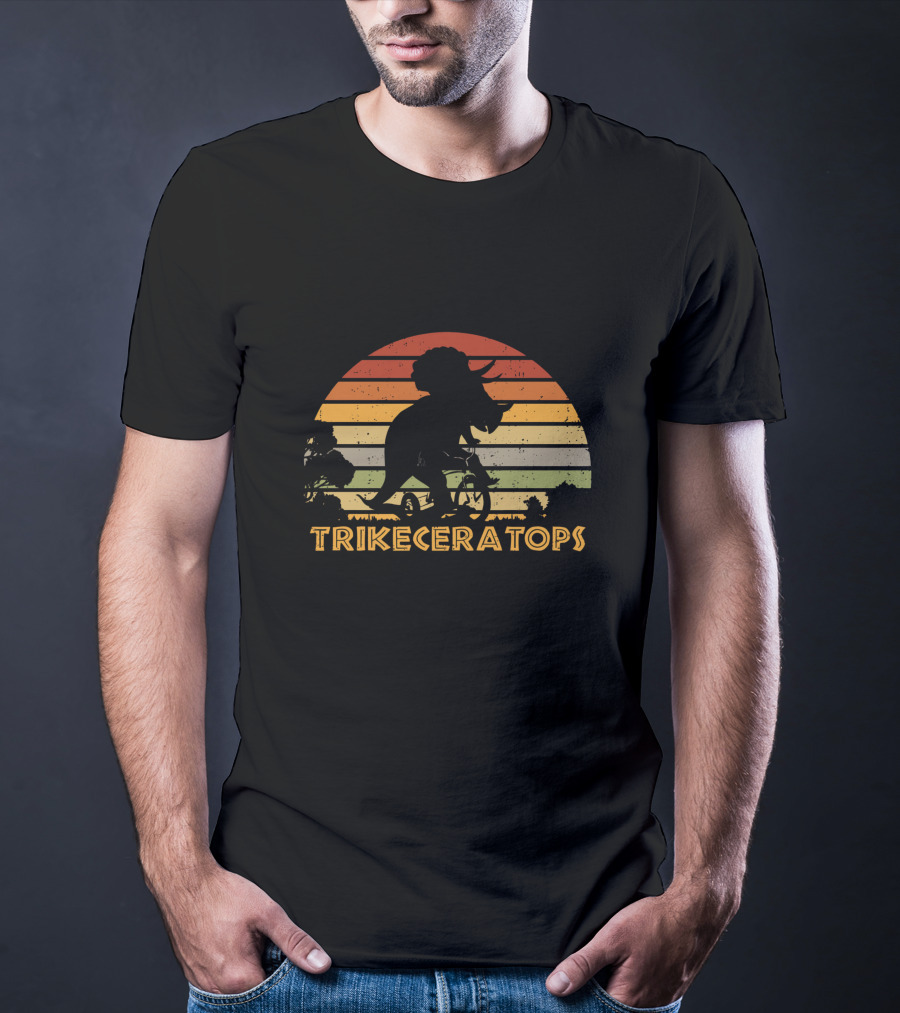 Trikeceratops Dinosaur Cycling Sunset T-Shirt