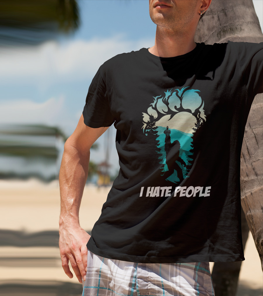 I Hate People Bigfoot Silhouette Footprint Forest Scene T-Shirt