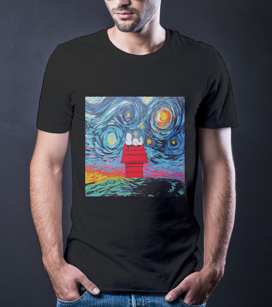 Snoopy And Woodstock On The Doghouse Under A Starry Night T-Shirt
