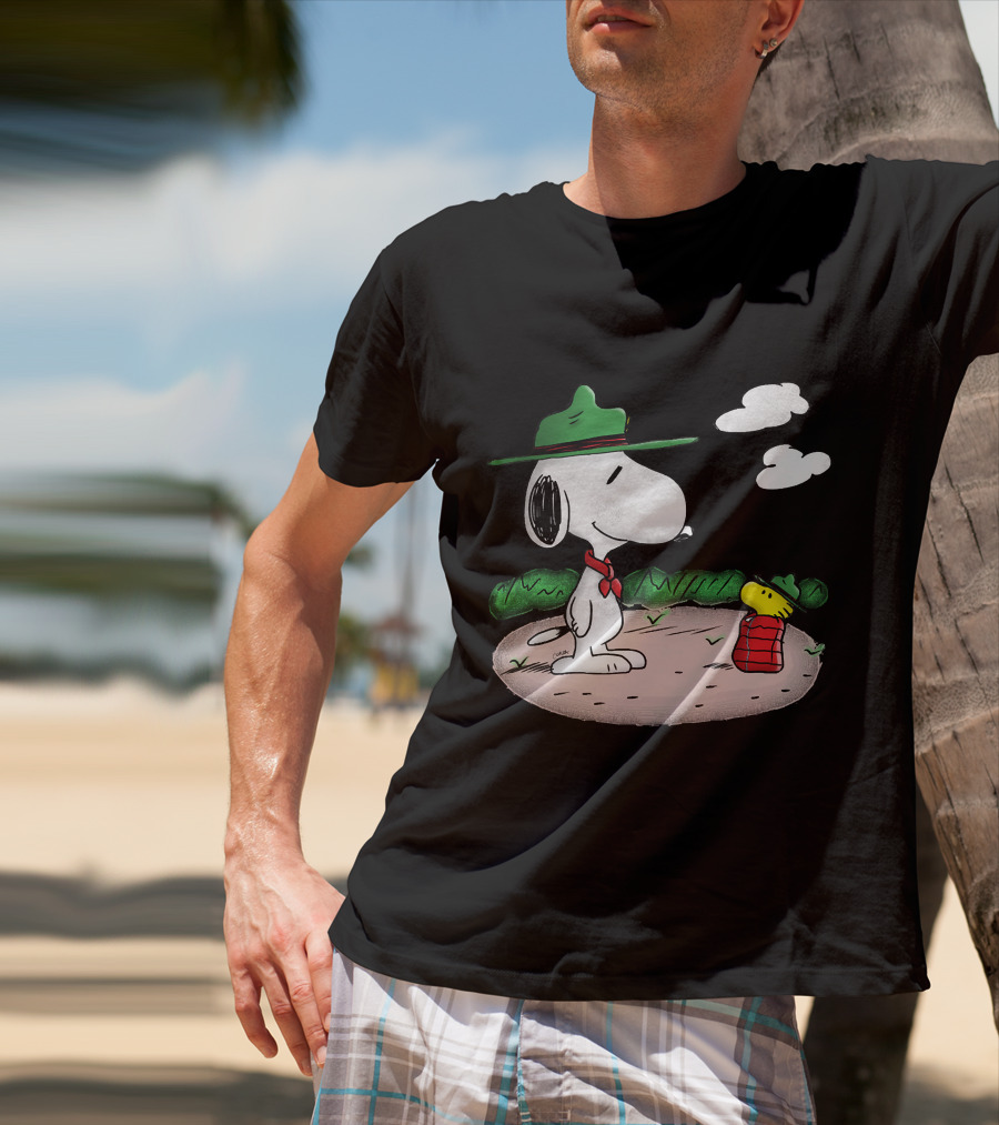 Snoopy Woodstock Camping Adventure With Green Hats And Red Scarf T-Shirt