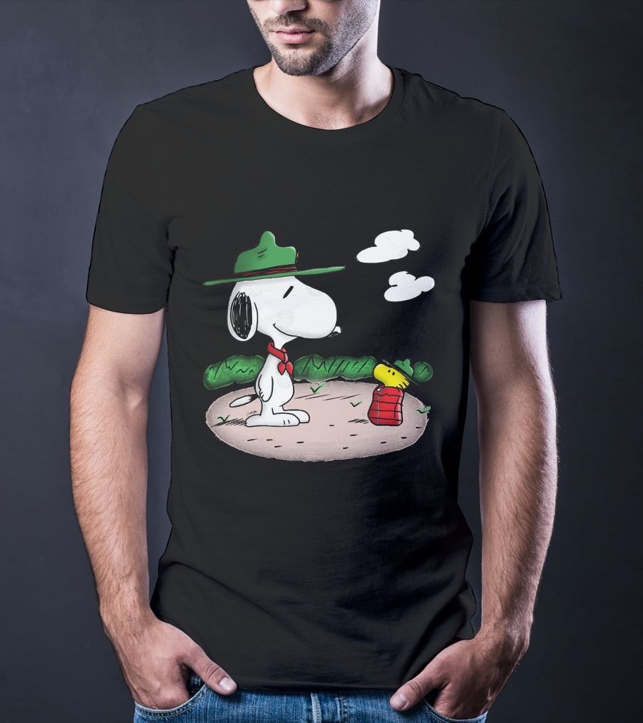 Snoopy Woodstock Camping Adventure With Green Hats And Red Scarf T-Shirt