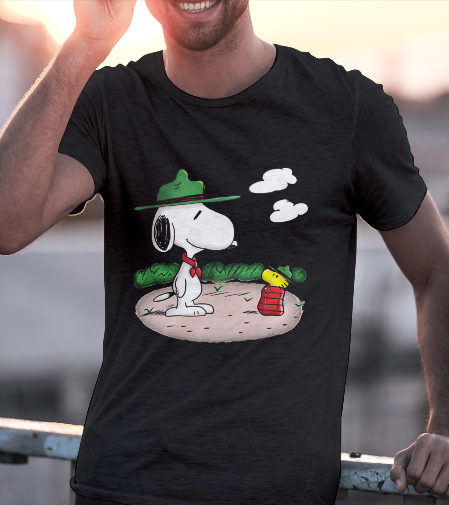 Snoopy Woodstock Camping Adventure With Green Hats And Red Scarf T-Shirt
