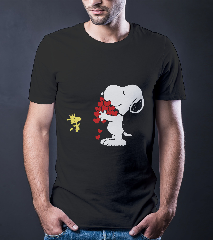 Snoopy Holding Hearts With Woodstock Hugging T-Shirt