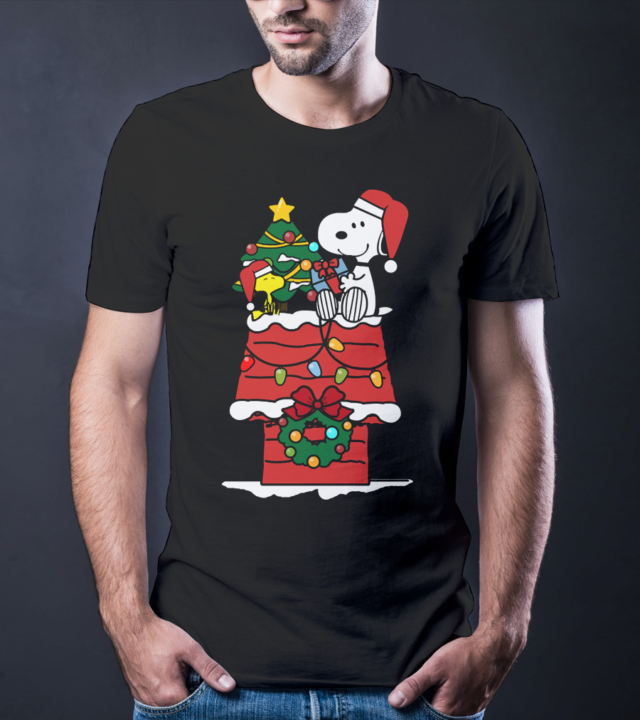 Snoopy And Woodstock Celebrate Christmas On Doghouse With Santa Hats And Tree T-Shirt