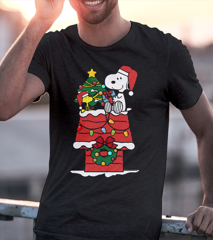 Snoopy And Woodstock Celebrate Christmas On Doghouse With Santa Hats And Tree T-Shirt