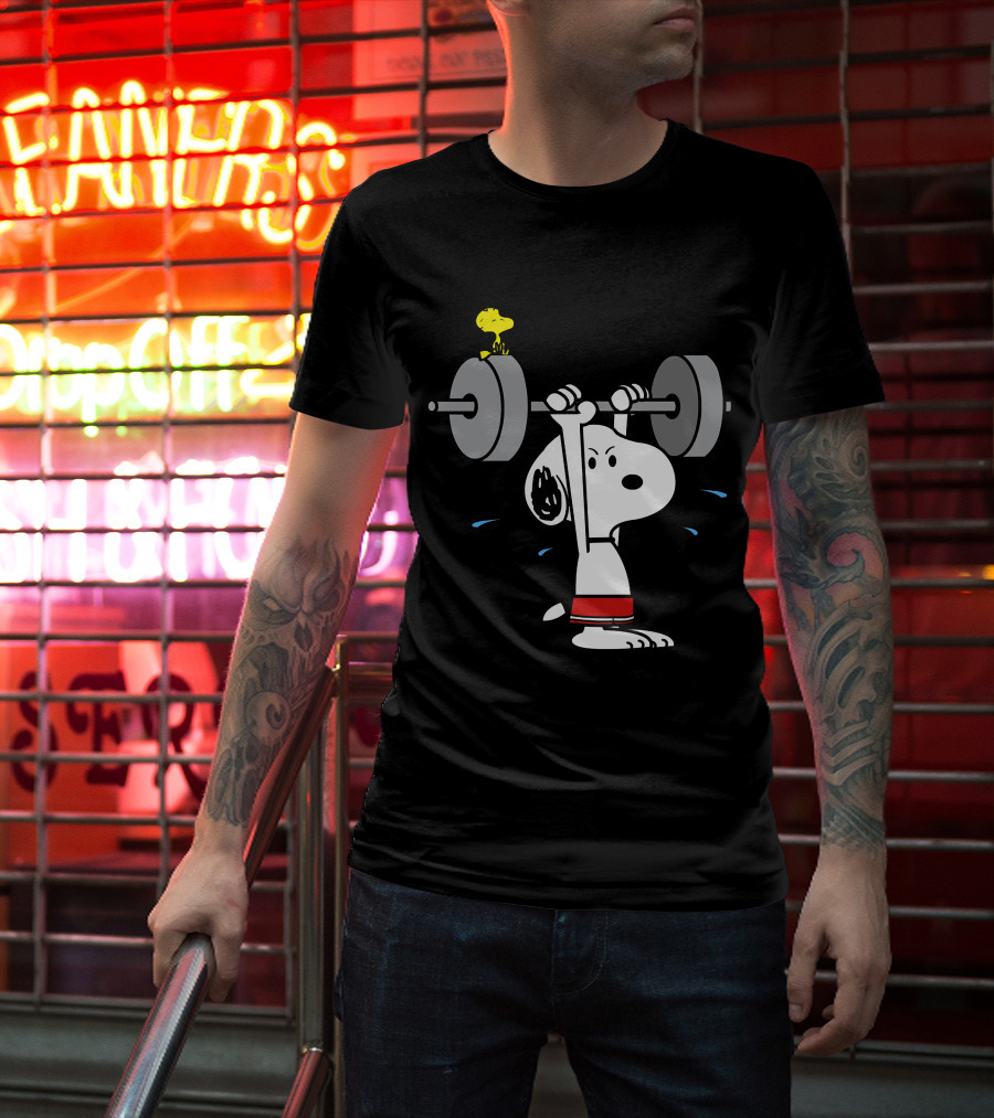 Snoopy Weightlifting With Woodstock On Barbell T-Shirt