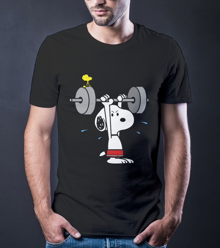 Snoopy Weightlifting With Woodstock On Barbell T-Shirt