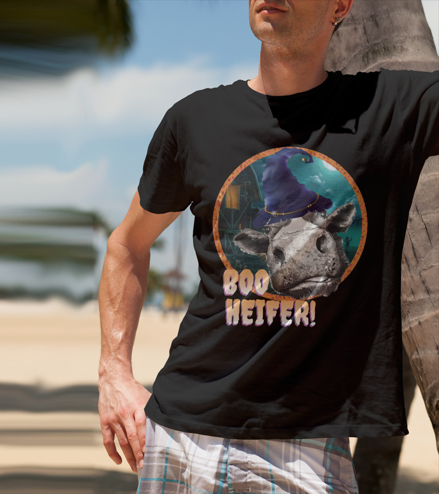 Boo Heifer Funny Halloween Cow Witch Farmer Lady With Hat And Farm Background T-Shirt