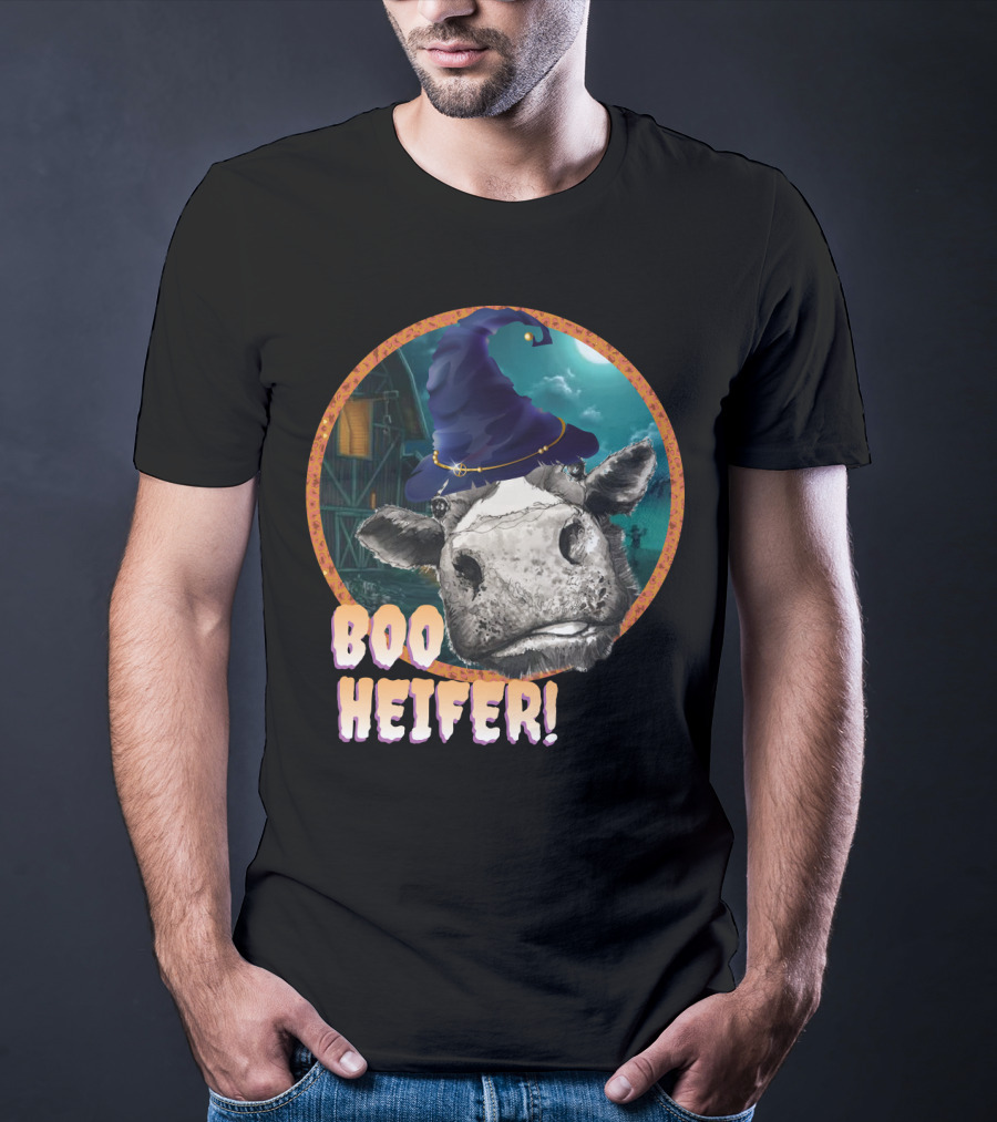 Boo Heifer Funny Halloween Cow Witch Farmer Lady With Hat And Farm Background T-Shirt