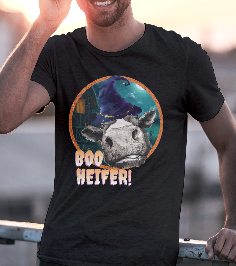 Boo Heifer Funny Halloween Cow Witch Farmer Lady With Hat And Farm Background T-Shirt