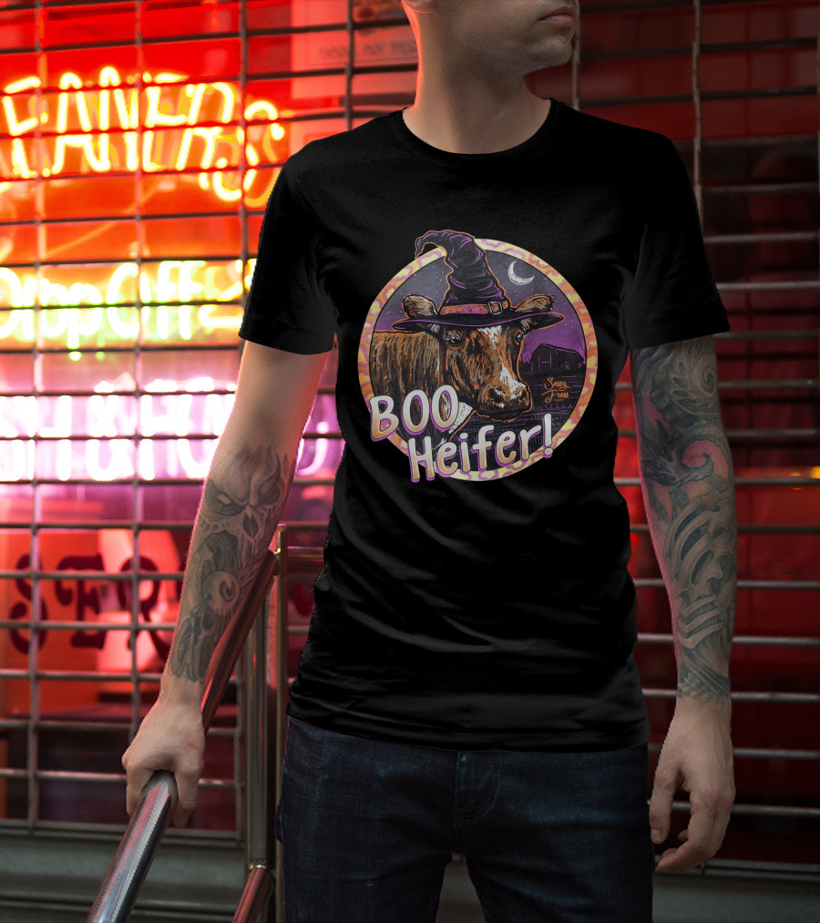 Boo Heifer Funny Halloween Witch Cow With Moon And Barn Scene T-Shirt