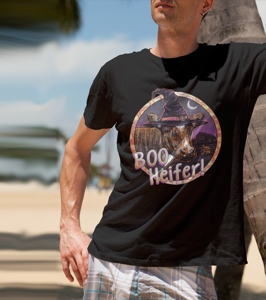 Boo Heifer Funny Halloween Witch Cow With Moon And Barn Scene T-Shirt