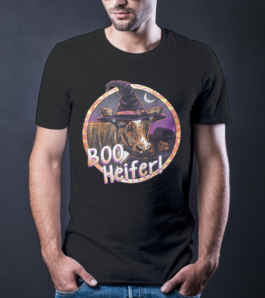 Boo Heifer Funny Halloween Witch Cow With Moon And Barn Scene T-Shirt