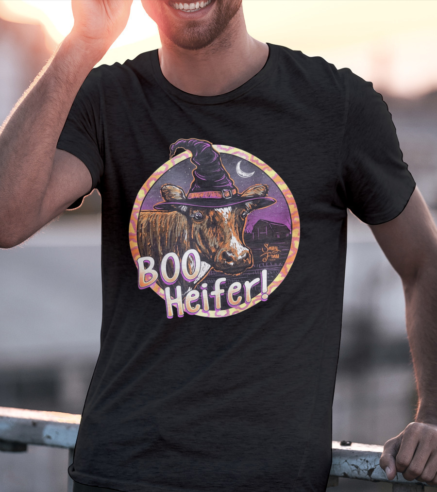 Boo Heifer Funny Halloween Witch Cow With Moon And Barn Scene T-Shirt