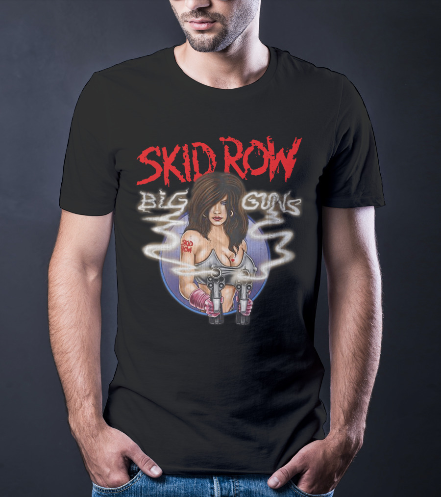 Skid Row Big Guns Heavy Metal Fan Art With Smoking Pistols Motif T-Shirt
