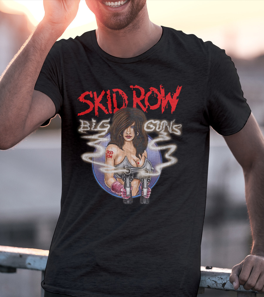 Skid Row Big Guns Heavy Metal Fan Art With Smoking Pistols Motif T-Shirt