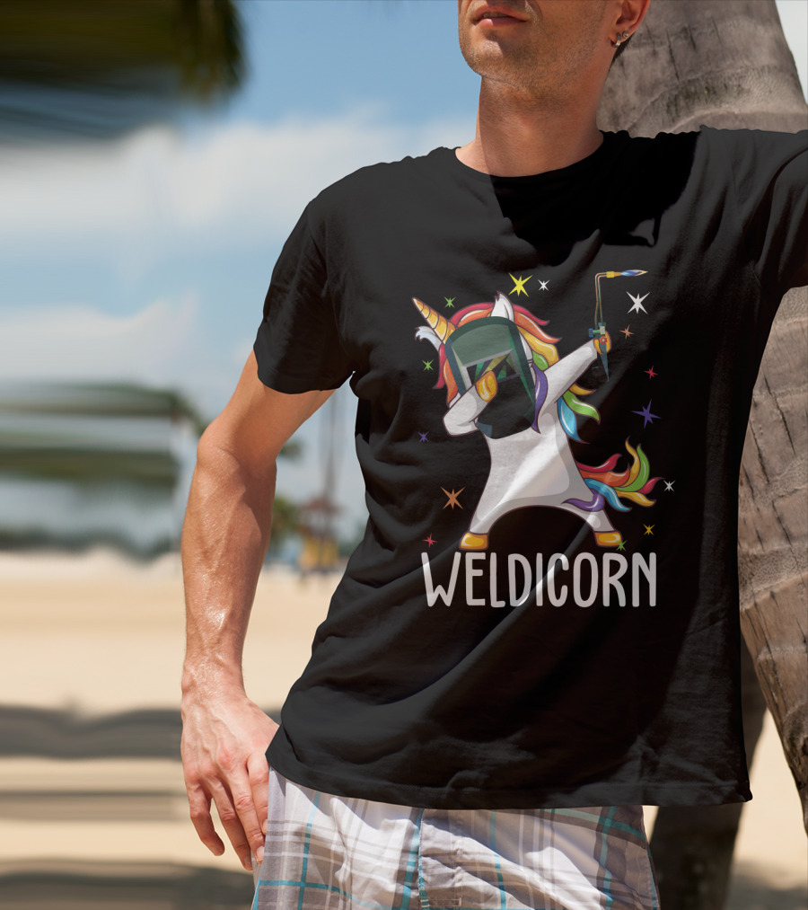 Weldicorn Funny Welder Unicorn Dabbing With Rainbow Mane And Welding Torch T-Shirt