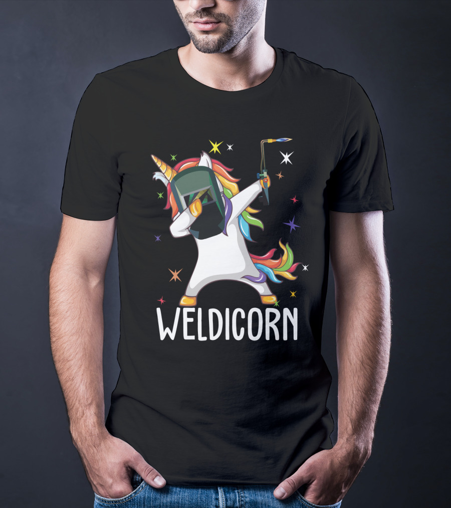 Weldicorn Funny Welder Unicorn Dabbing With Rainbow Mane And Welding Torch T-Shirt