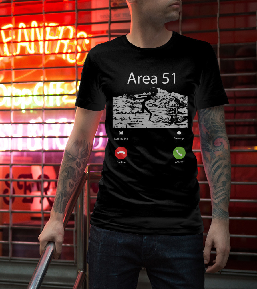 Area 51 Alien Running Desert Landscape With Call Options Remind Me Message Decline Accept T-Shirt