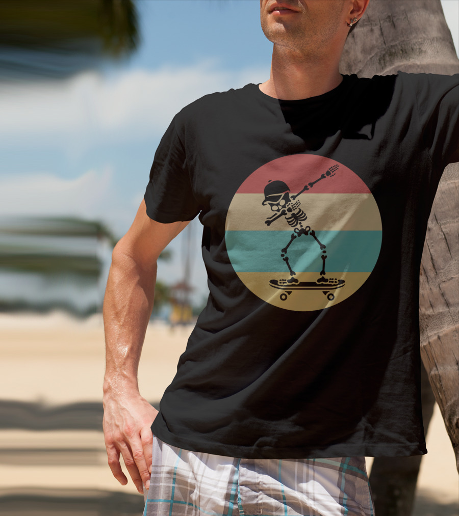 Dabbing Skeleton Skateboarder Retro Stripes Vintage Sunset T-Shirt