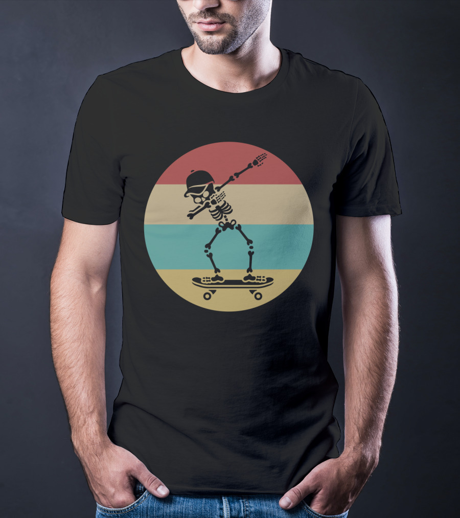 Dabbing Skeleton Skateboarder Retro Stripes Vintage Sunset T-Shirt