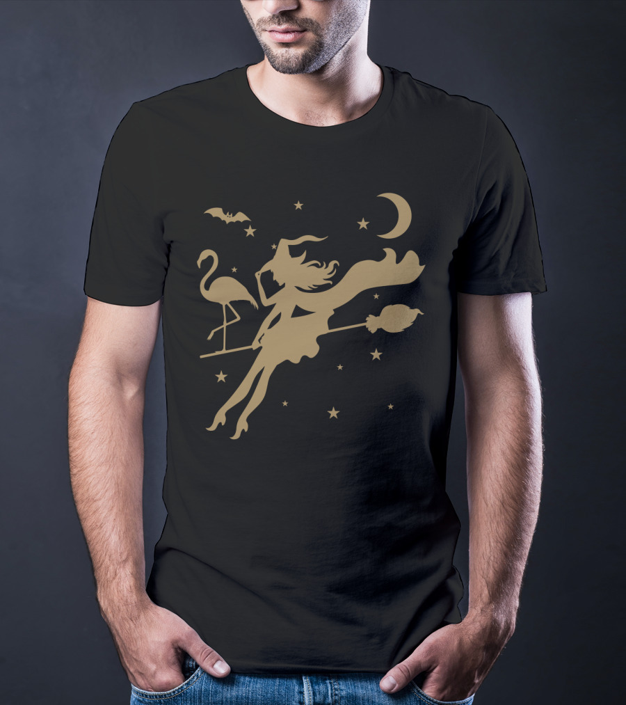 Halloween Witch Flying On A Broomstick With Flamingo Under Moon And Stars T-Shirt