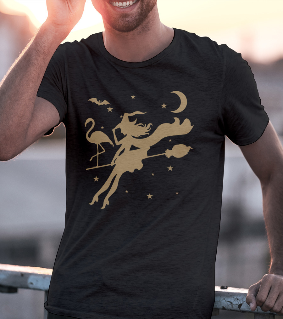 Halloween Witch Flying On A Broomstick With Flamingo Under Moon And Stars T-Shirt