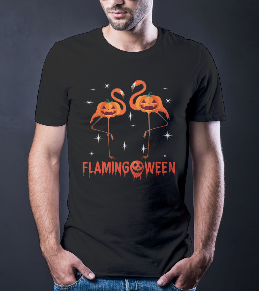 Flamingoween Funny Flamingos With Pumpkin Heads And Stars T-Shirt