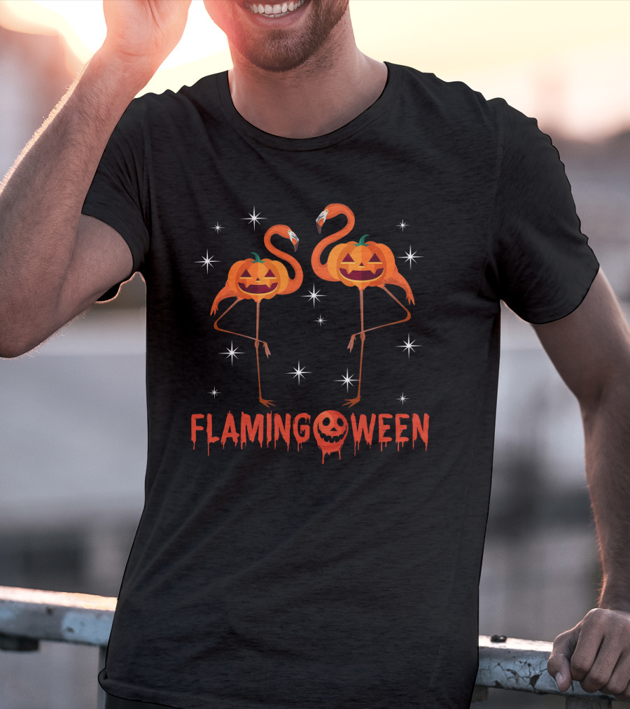 Flamingoween Funny Flamingos With Pumpkin Heads And Stars T-Shirt