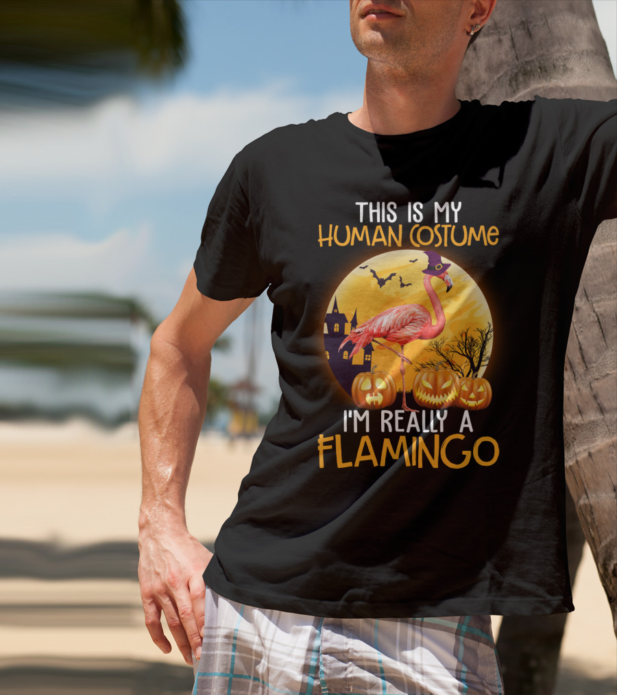 This Is My Human Costume I'm Really A Flamingo Halloween Witch With Pumpkins And Bats T-Shirt
