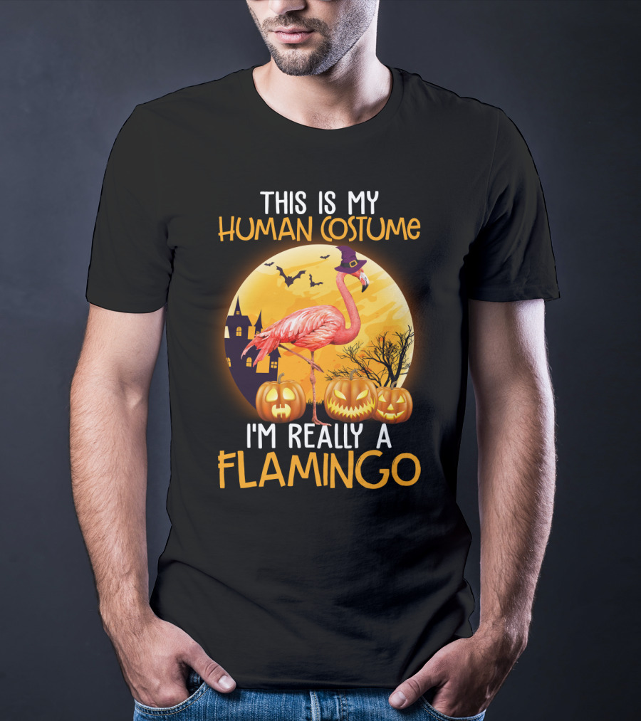 This Is My Human Costume I'm Really A Flamingo Halloween Witch With Pumpkins And Bats T-Shirt