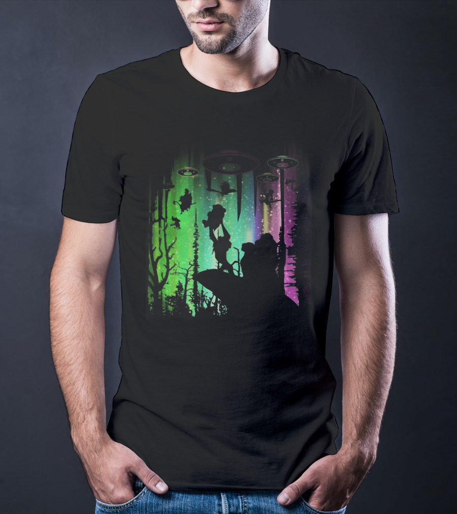 The Lion King Silhouette With UFOs And Aurora In Storm Area Scene T-Shirt
