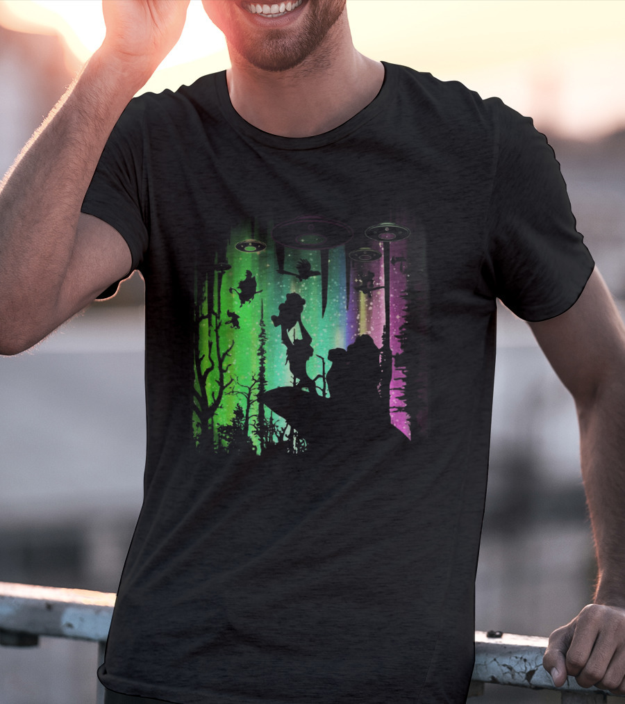 The Lion King Silhouette With UFOs And Aurora In Storm Area Scene T-Shirt