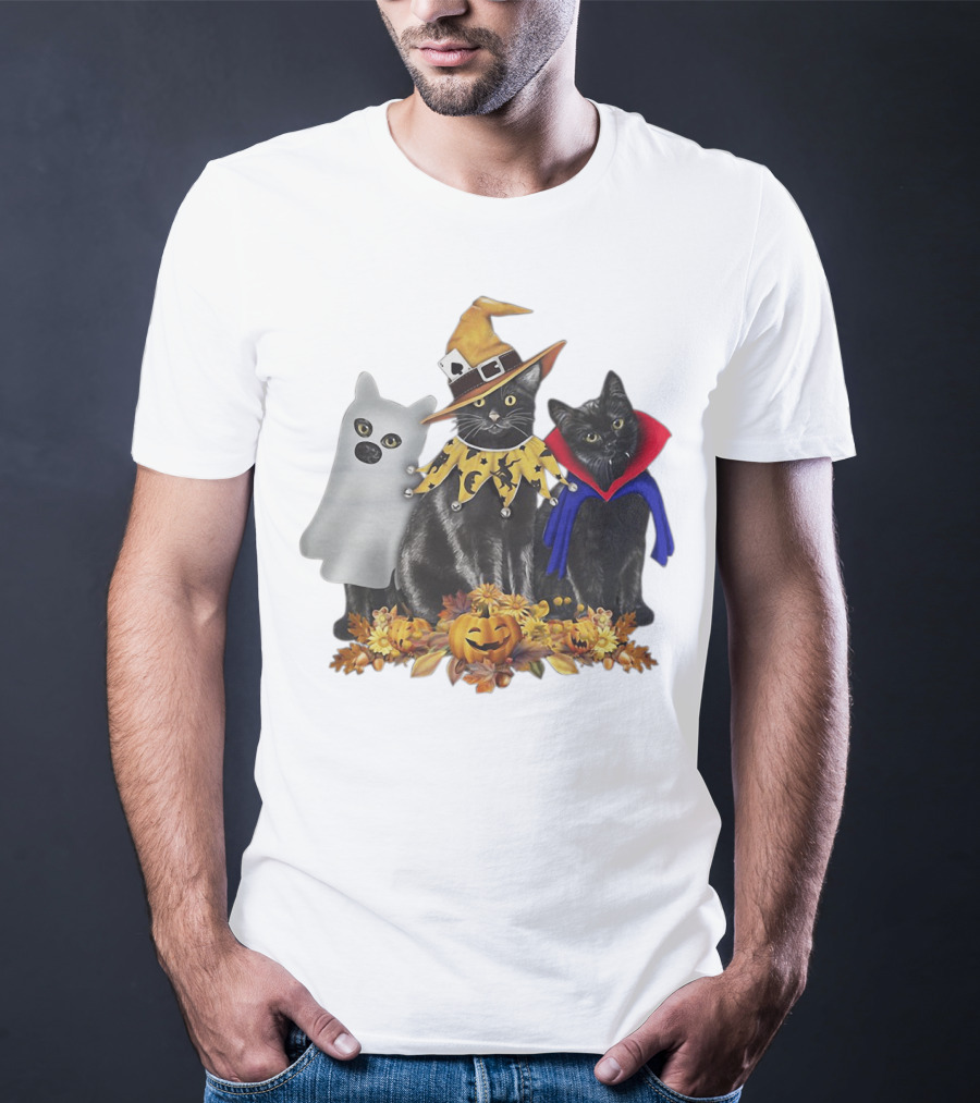Black Cat Witch Boo Vampire Halloween With Pumpkins And Ghost Costume T-Shirt
