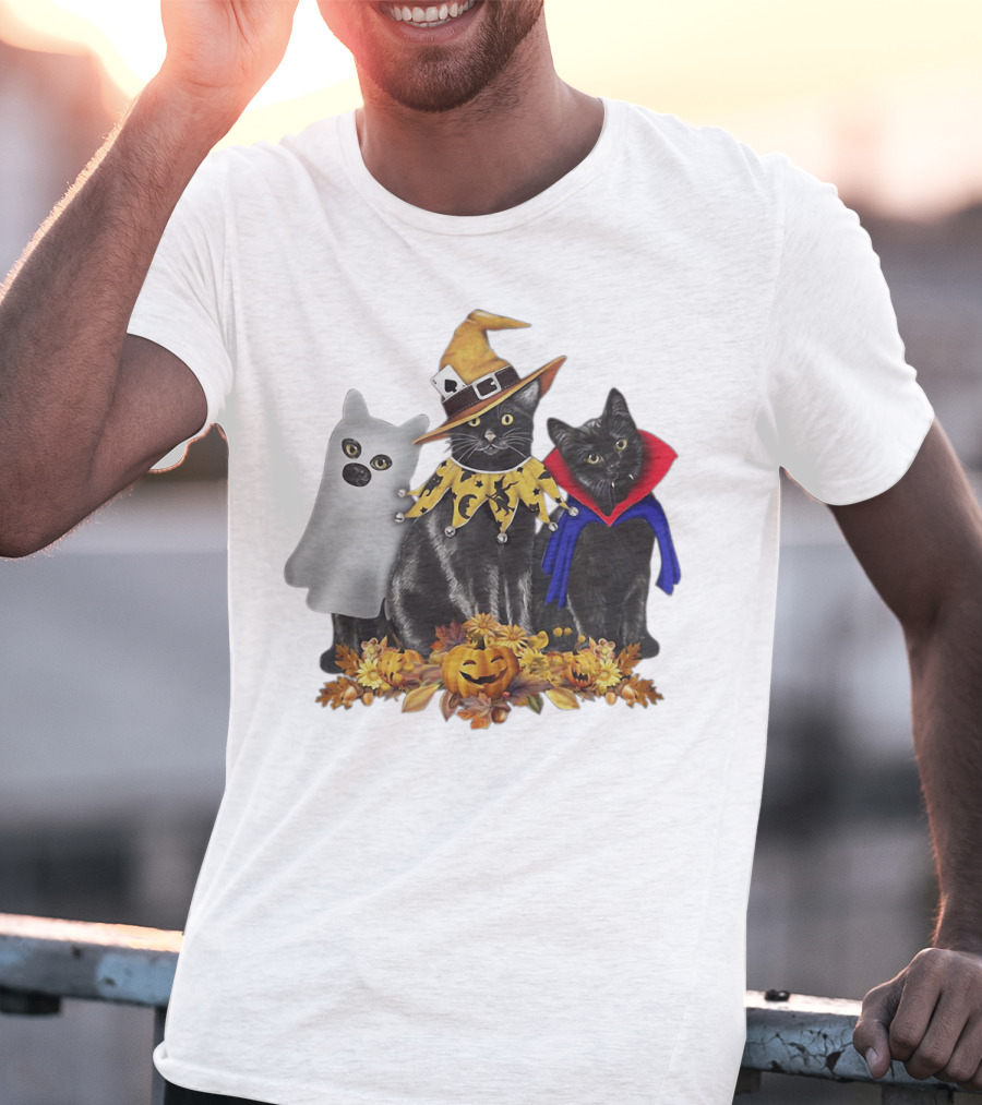 Black Cat Witch Boo Vampire Halloween With Pumpkins And Ghost Costume T-Shirt