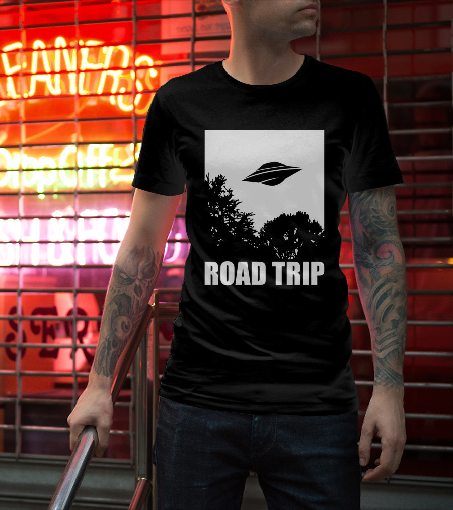 Road Trip UFO Flying Over Silhouette Trees T-Shirt