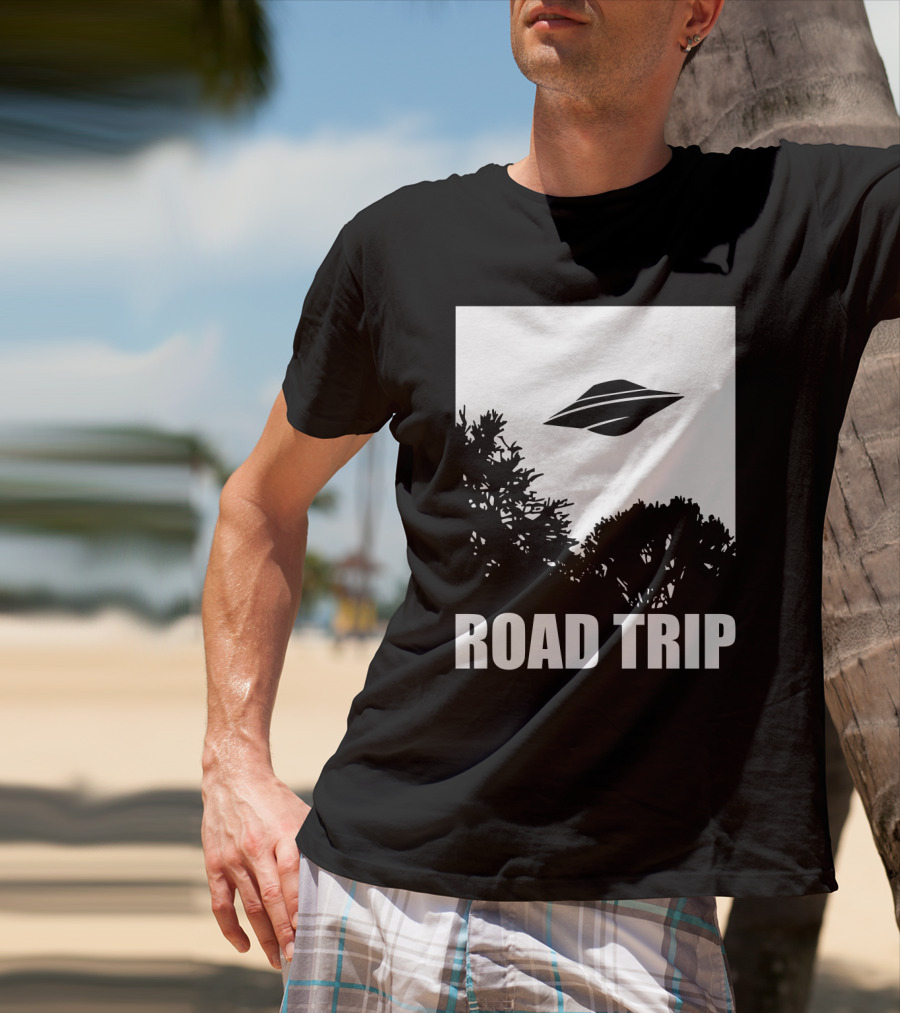 Road Trip UFO Flying Over Silhouette Trees T-Shirt
