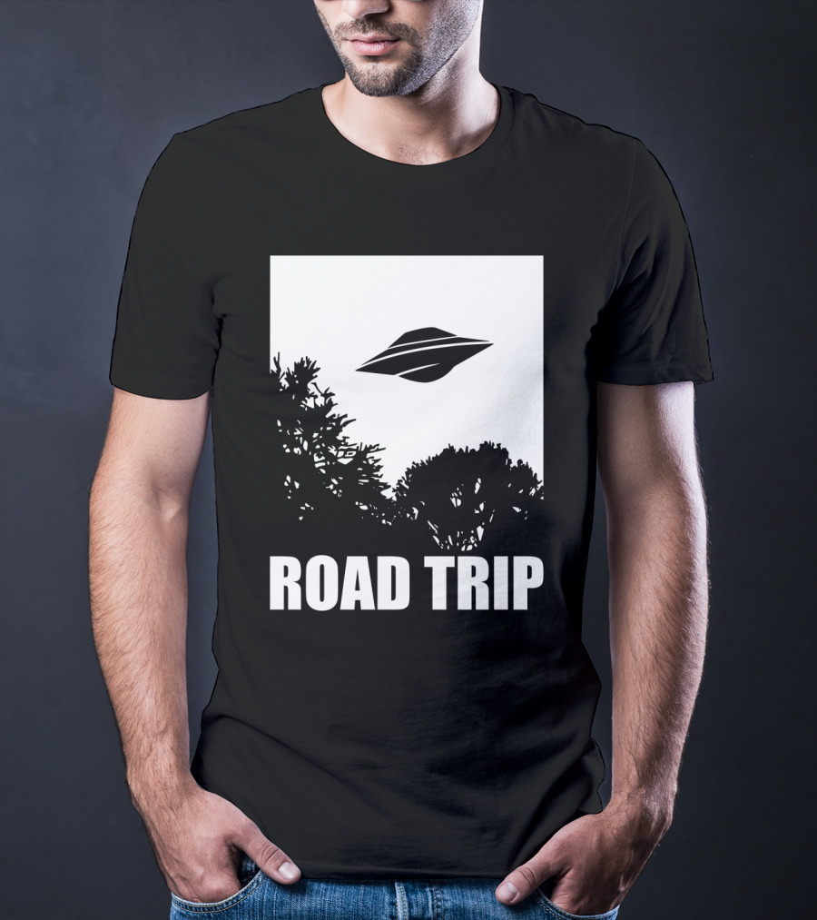 Road Trip UFO Flying Over Silhouette Trees T-Shirt