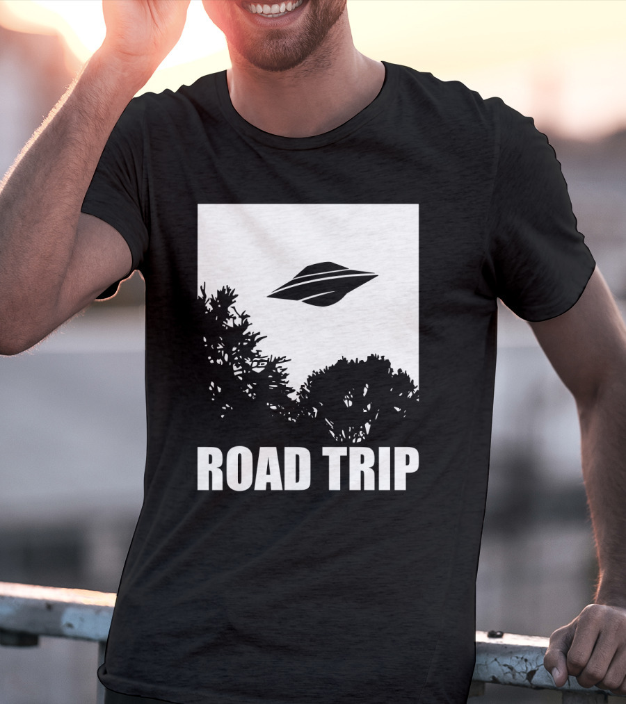 Road Trip UFO Flying Over Silhouette Trees T-Shirt