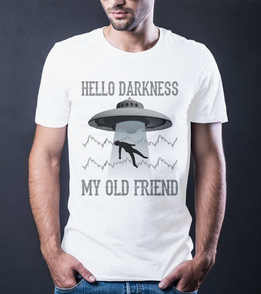 Hello Darkness My Old Friend UFO Abduction Silhouette In Forest Scene T-Shirt