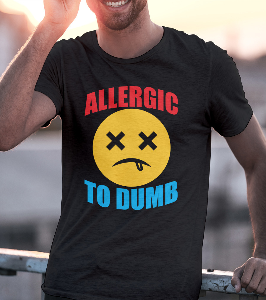 Allergic To Dumb Funny Sarcasm Tattooed Girls With Yellow Emoticon Face And Crossed Eyes T-Shirt
