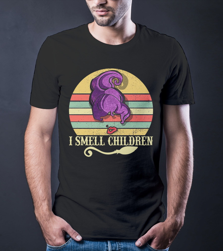 I Smell Children Vintage Sunset Mary Sanderson Hocus Pocus Witch Hat Retro Stripes T-Shirt
