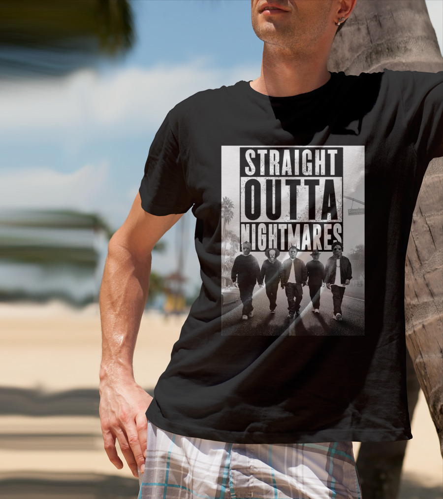 Straight Outta Nightmares Jason IT Michael Freddy Thomas Horror Icons Walking Down Compton Street T-Shirt
