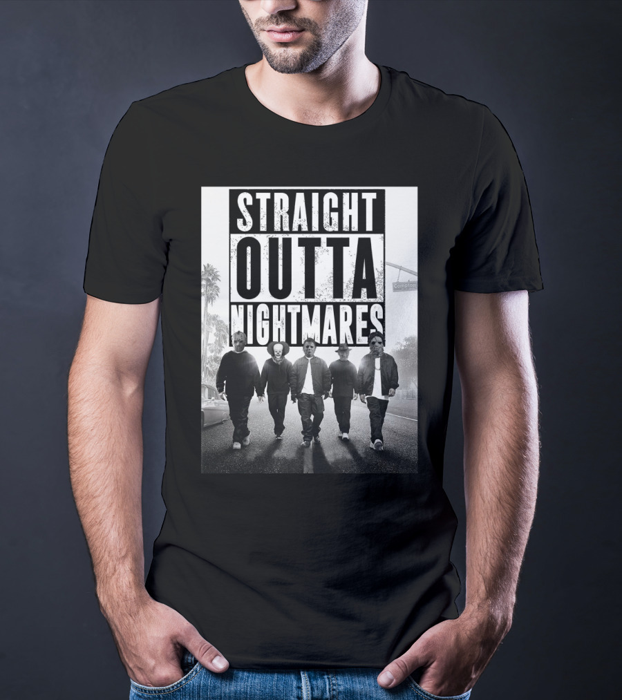 Straight Outta Nightmares Jason IT Michael Freddy Thomas Horror Icons Walking Down Compton Street T-Shirt