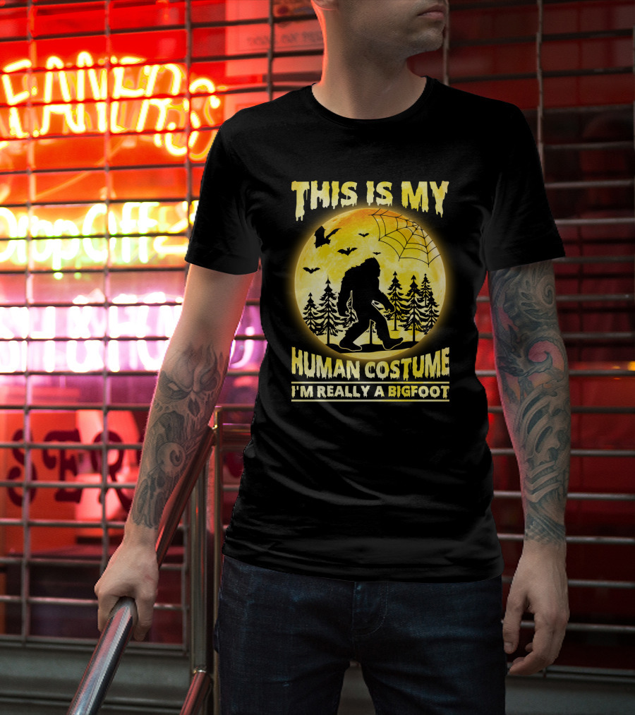 Bigfoot Silhouette In Moonlit Forest With Web And Bats - This Is My Human Costume I'm Really A Bigfoot T-Shirt