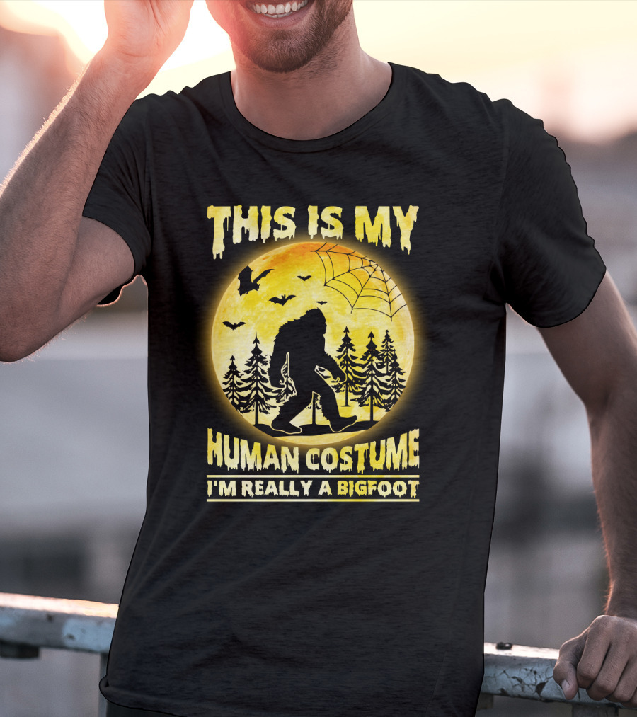 Bigfoot Silhouette In Moonlit Forest With Web And Bats - This Is My Human Costume I'm Really A Bigfoot T-Shirt