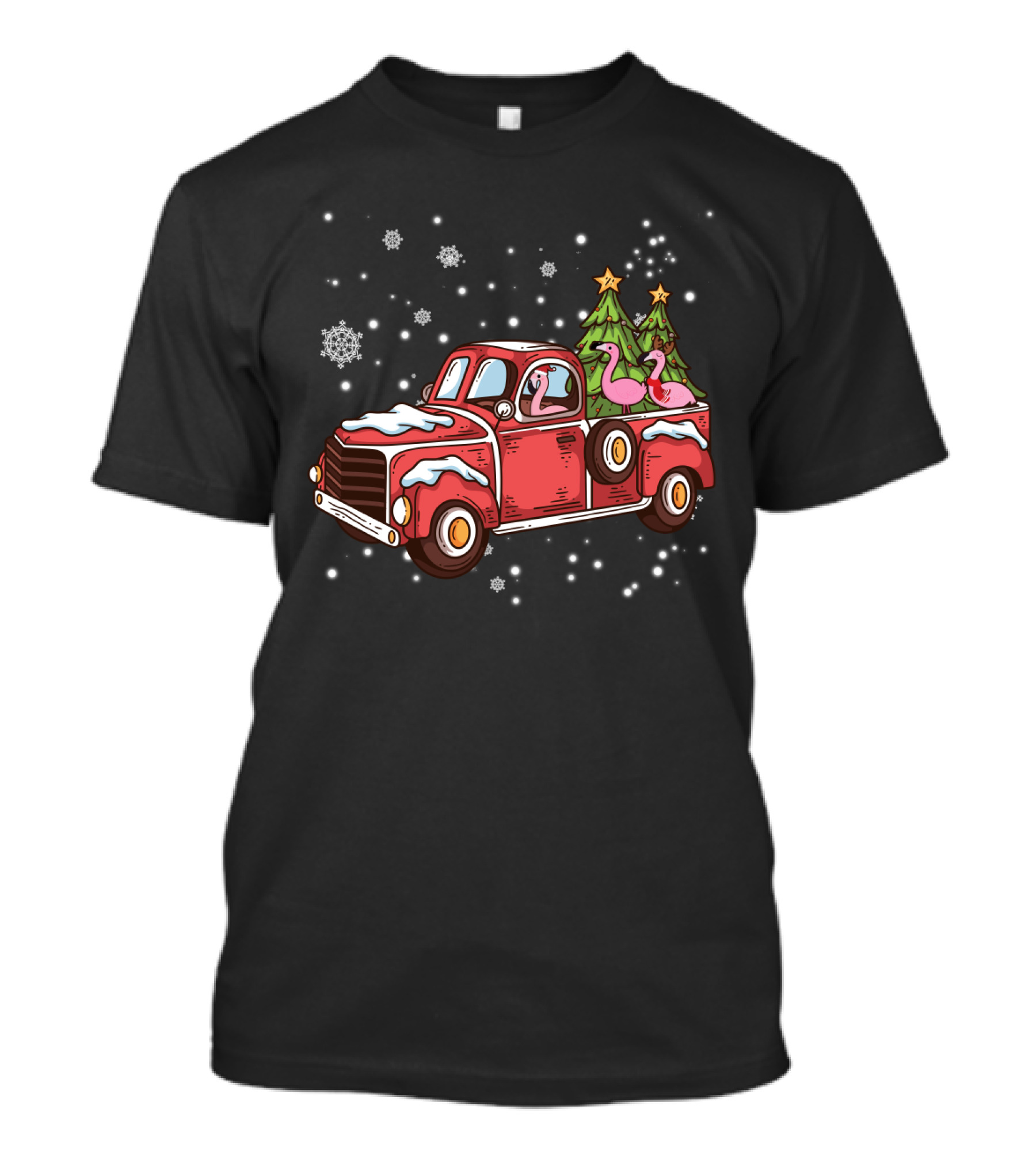 Christmas Flamingos Riding In Red Truck With Snowflakes And Christmas Trees T-Shirt