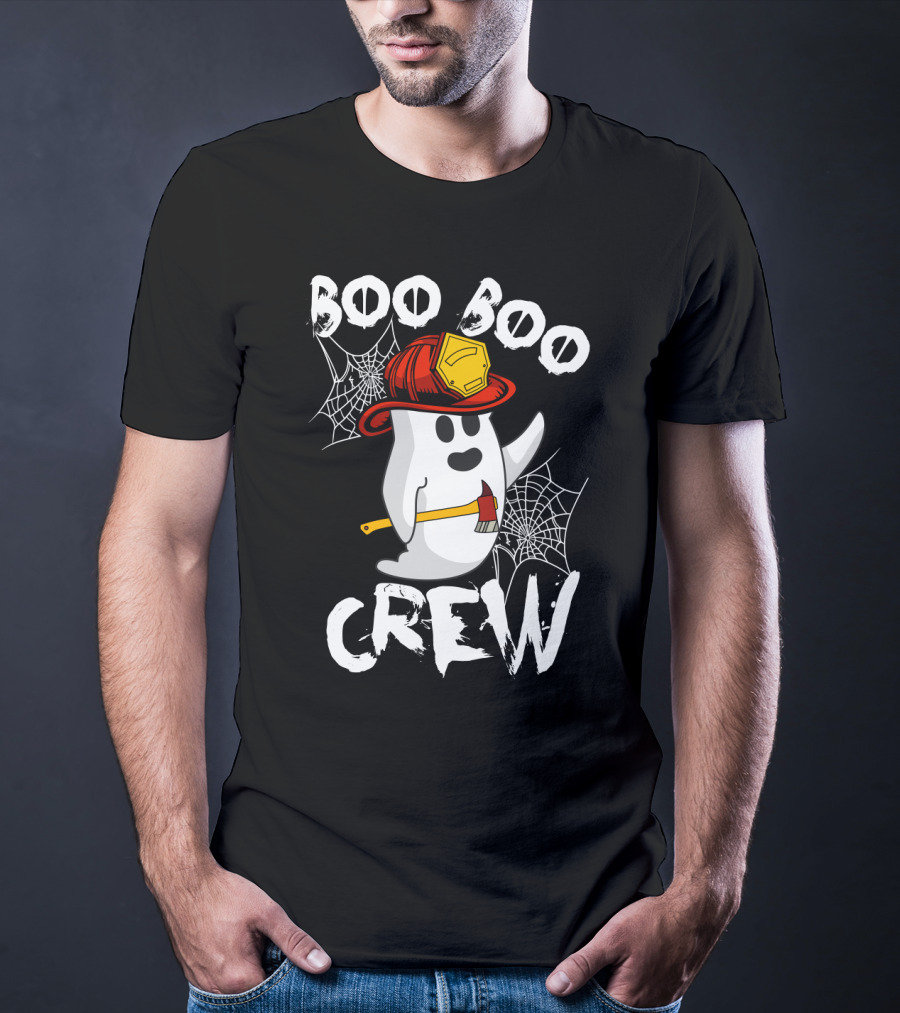 Boo Boo Crew Ghost With Firefighter Helmet And Axe Halloween T-Shirt